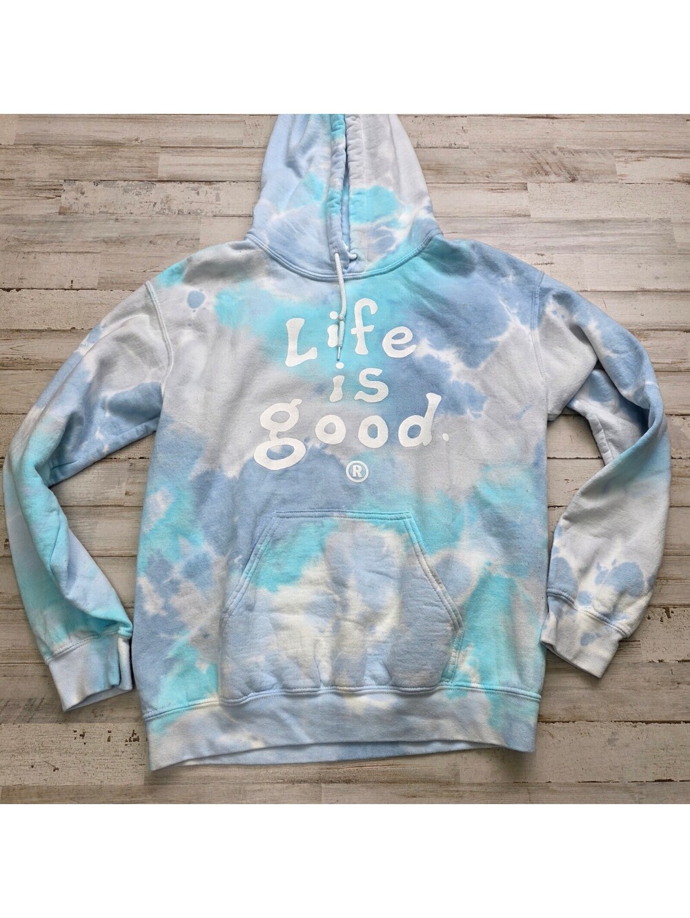 Life is Good Hoodie S Blue White Tie Dye Pullover Sweatshirt Logo Pocket